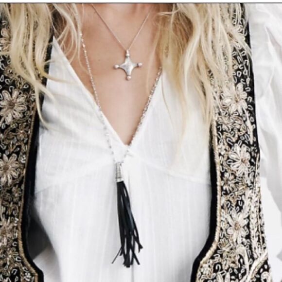 Free People 2 strand Long Chain Necklace faux leather Tassel - Picture 1 of 4